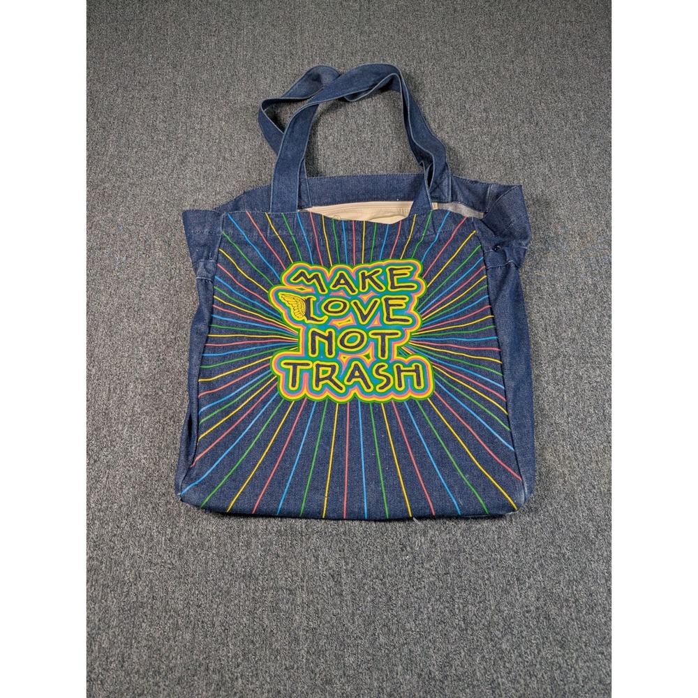 Make Love Not Trash Blue Denim Tote Bag Rainbow Graphic Eco Friendly Satchel